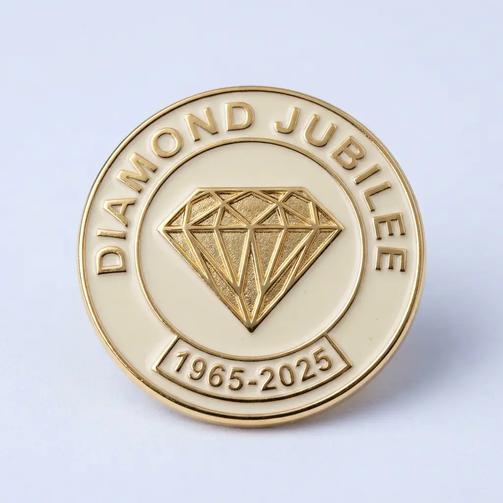 Cream and gold Diamond Jubilee club insignia badge, 1965 to 2025