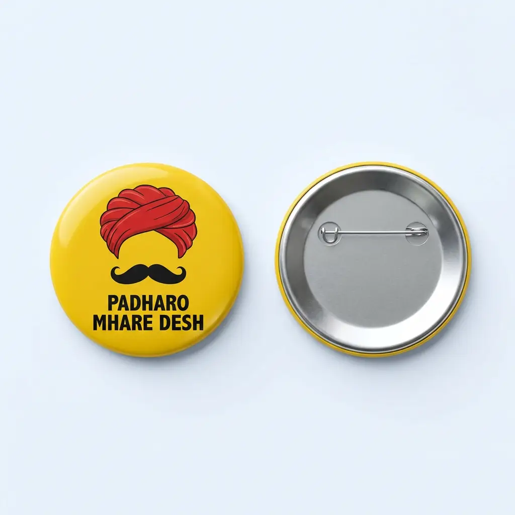 Yellow button badge with pin back, ready for bulk campaign runs