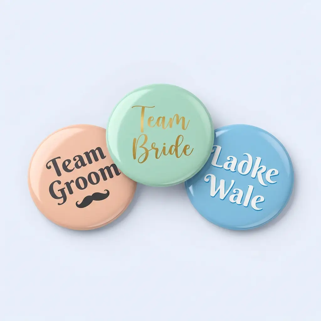 Pastel Team Bride, Team Groom and Ladke Wale wedding badges