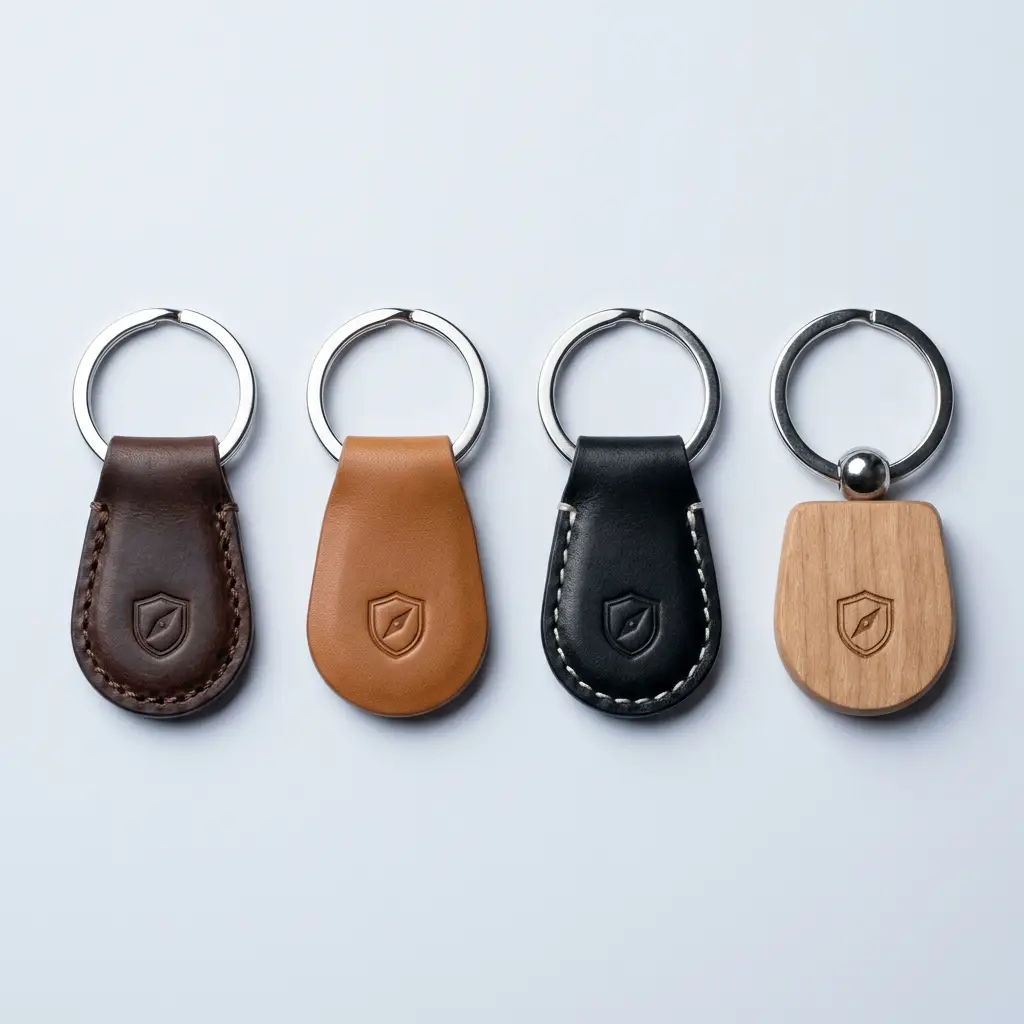 Row of leather and wooden keychains with polished key rings