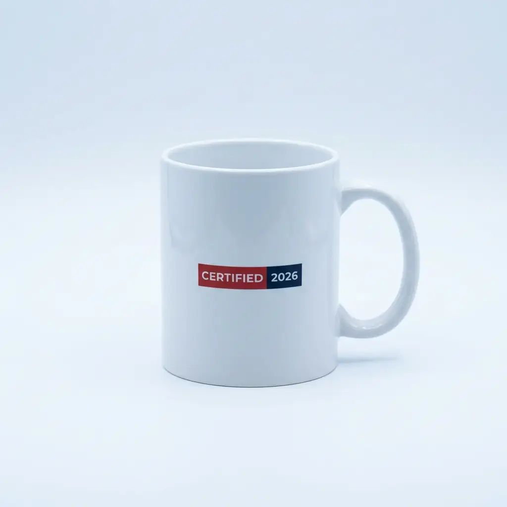 White ceramic mug with corporate certification label